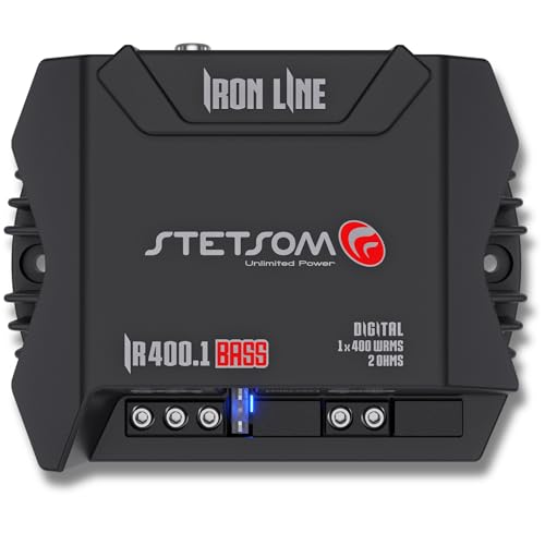Stetsom IR 400.1 BASS 2 Ohms - Iron Line Digital Sub Amplifier, 2Ω Stable, Mono Car Audio, 400 Watts RMS, Compact Digital Amplifier, Full Range Sound Quality, Crossover, Bass Boost, for Subwoofers