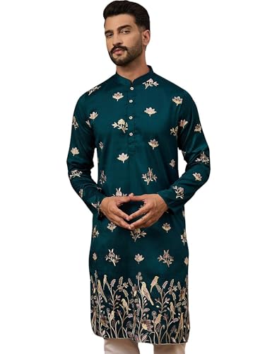 Image of Men's Calf Length Silk Blend Embroidered Solid Kurtas | Men | Kurtas for Mens | Straight Fit Kurta for Men's