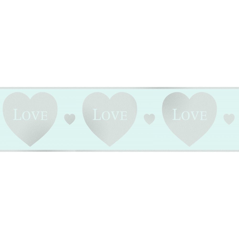 Mint Green Silver Glitter Hearts Wallpaper Border Glitz Nursery Girls Room