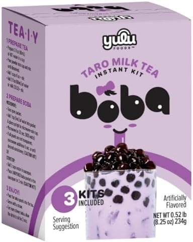YULU FOODS Instant Bubble Pearl Taro Milk Tea Kit with Authentic Brown Sugar Tapioca Pearls - Ready in Under One Minute, Paper Straws Included – 3 Servings.