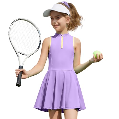 MODAFANS Girls Tennis Golf Dress Sleeveless Athletic Half Zipper Outfits with Shorts Purple 6-7Years