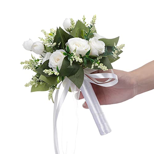 JstDoit Bridal Bouquet for Brides Bridesmaids Wedding Bouquets with Ribbon Holding Flowers Artificial Rose Flowers for Wedding Valentine's Day Church Party