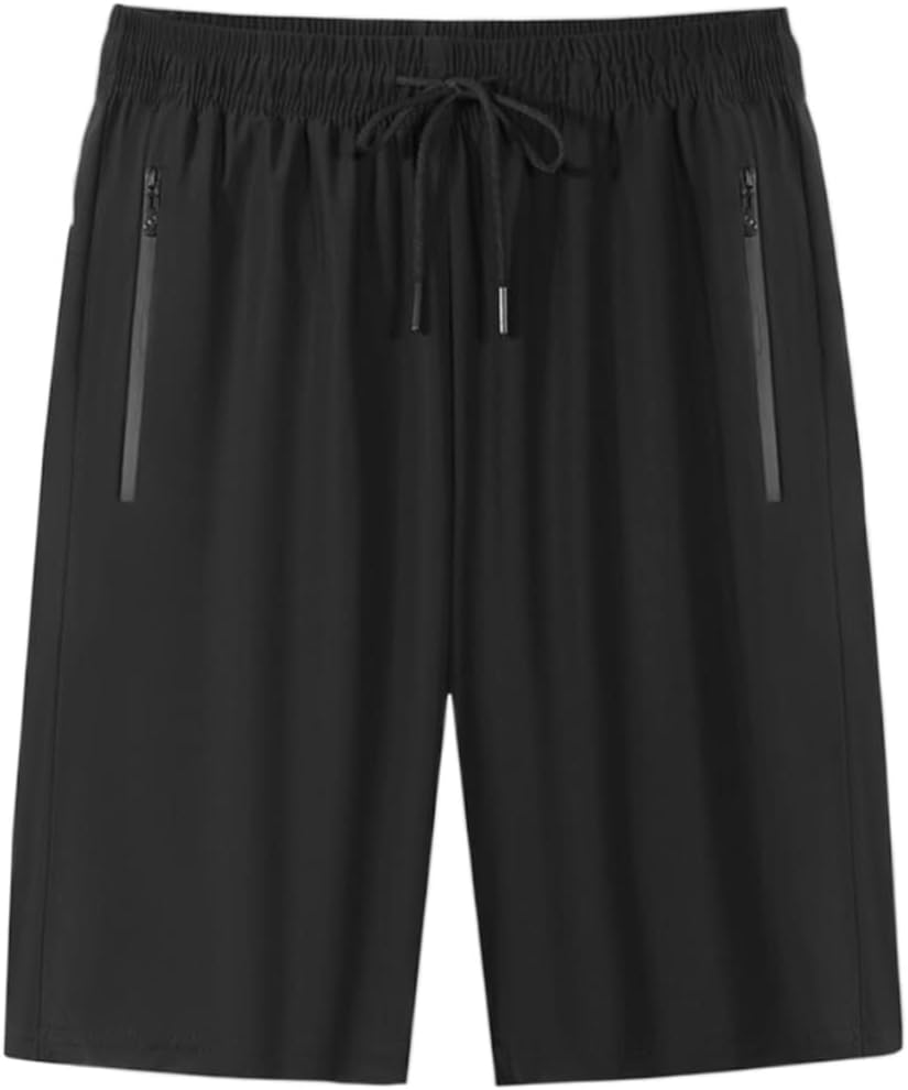 Men's Sports Shorts With Zipper Pockets, Stretchy Nylon Athletic Track Shorts With Drawstring