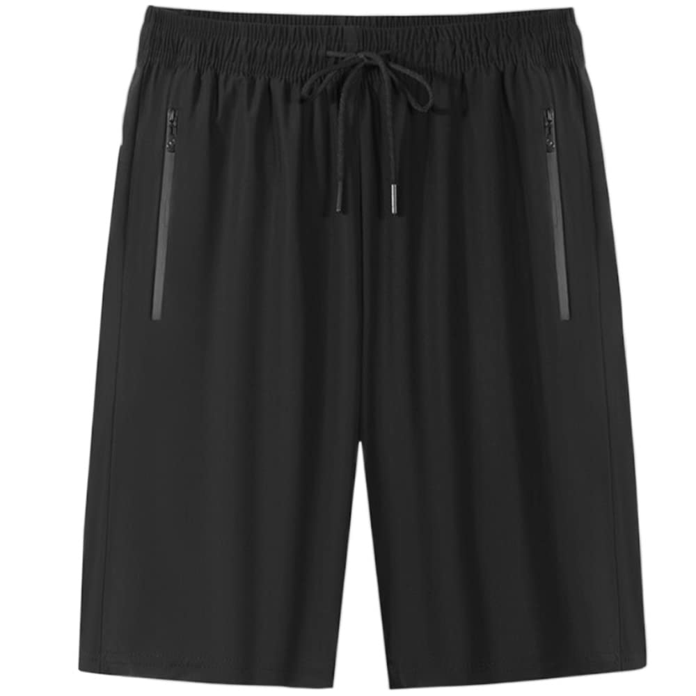 Men's Sports Shorts With Zipper Pockets, Stretchy Nylon Athletic Track Shorts With Drawstring