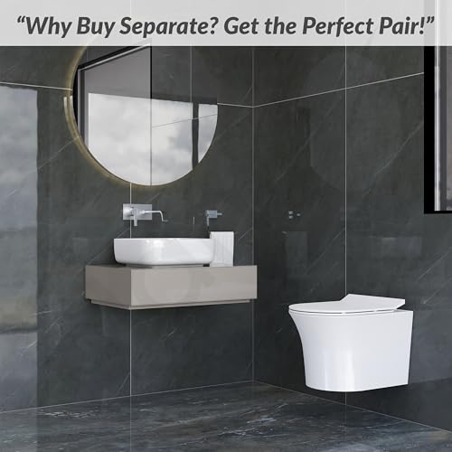 Image of Plantex Platinum Ceramic Rim Wall Mount Commode with Wash Basin for Bathroom /P Trap Washdown Flush Commode with Toilet Seat Cover /Tabletop Basin - White (Combo)