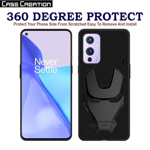 Image of COVERLY Official 3D Touch Feel Trending Real Hero Avengers Logo Mask Soft Rugged Grip TPU Silicone Iron Man Super Power Cartoon Movie Engraved Silicone Matte Strong Back Cover for Oneplus 9 -Black