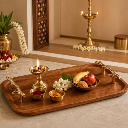 Image of CentraLit Decorative Acacia Wooden Tray for Serving - Dining Table Accessories & Kitchen Organizer Serving Trays - Luxury Wooden Tray| Gold Handles for Home Decoration (Twig Handles)
