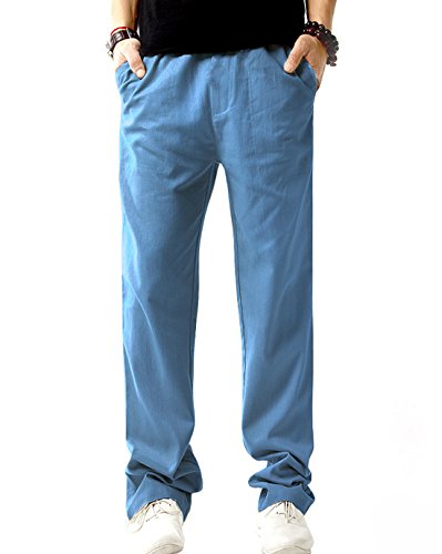 Sir7 Men's Linen Casual Lightweight Drawstrintg Elastic Waist Summer Beach Pants Denim Blue L #TOP1