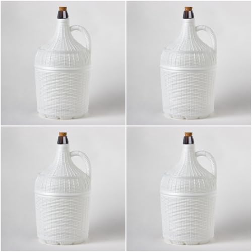 Pack/4 Garrafas Damajuanas Garrafones 5 litros Cristal Forrado Plástico Blanco Alto Gramaje, Corcho Natural Ajuste Perfecto con Recambios Corcho
