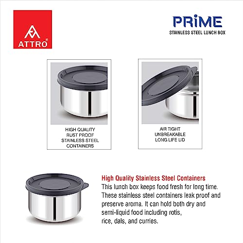 Image of ATTRO Prime Stainless Steel Single Wall Storage Containers Airtight & Leak Proof Containers for Office Use, School, Picnic, 550ml -Black-Set Of 4