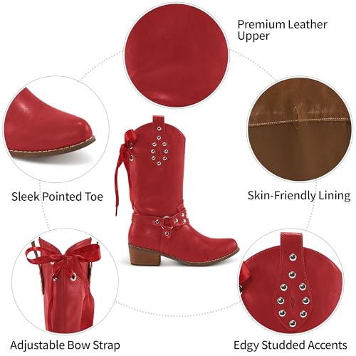 Image of Aomigoct Western Cowboy Boots for Women: Leather Mid Calf Fashion Chunky Cowgirl Boot Pointed Toe