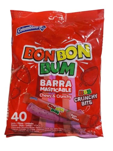 Bon Bon Bum Barra Masticable Sabor a Fresa Caramelos Suaves y Deliciosos de 360g | Perfecto para Compartir y Disfrutar | Pack de 40 Unidades |