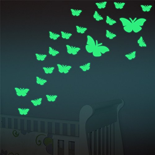 Marsway 12 Pcs Butterflys Night Glow Sticker Luminous Removable Adhesive Kids Room Wall Decal