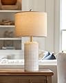 PoKat 23'' Bedside Table Lamp for Bedroom Nightstand - Ceramic Lamp for Living Room, White Night Stand Light Lamp with Round Linen Shade, Modern Bedroom Lamp Beige