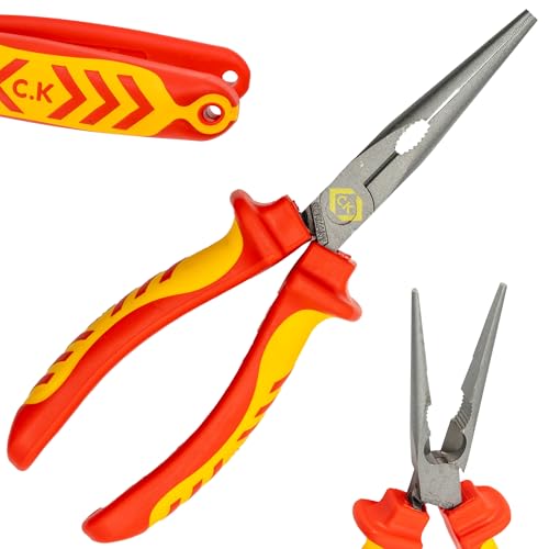 C.K Redline 2025 Edition VDE Snipe Nose Plier & Cutter 200mm, 1000v Insulated Electrical Snipe Nose Pliers & Wire Cable Cutters, Electricians Engineer Croppers Snips Electrician, CK Tools T39076A 200