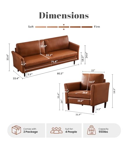 Image of Kingfun 2 Piece Faux Leather Sofa Set, Mid Century Modern Living Room Furniture Set with 3-Seater Sofa and Armchair, Small Leather Couch with Solid Wood Frame for Bedroom and Office, Dark Brown