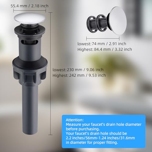 Hibbent 2 Pack Universal Bathroom Sink Drain Stopper, Pop Up Drain Strainer with Overflow, Push and Seal Sink Plug with Basket for Lavatory Vanity Vessel, Anti-Clogging Strainer, Chrome - image 8