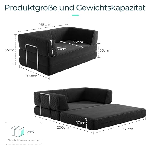 LINSY HOME Schlafsofa - Bodensofa Bed mit Pillow Back Support Armrest - Schlafsofa Klappbar 160 cm Breit- Compressed Sofa in Box - Cord Stoff für Wohnzimmer Schlafzimmer - Schwarz