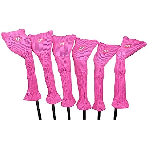 Majek All Hybrid Golf Club Pink Headcover Set 6-SW. Neoprene Acrylic Head Covers 6 7 8 9 PW SW Cover