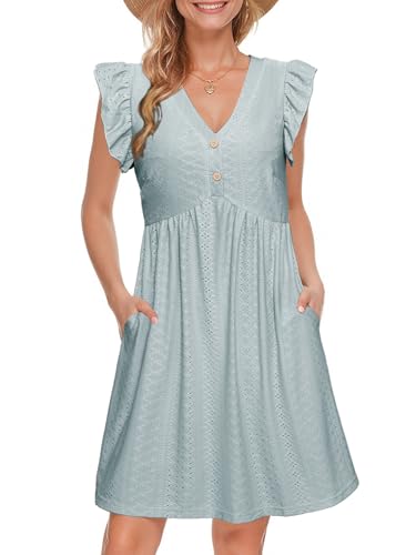 Image of Simplee Womens Summer Short Sundress Casual Ruffle Sleeve Mini Dress 2025 Boho Beach Wedding Guest Eyelet Dresses with Pocket
