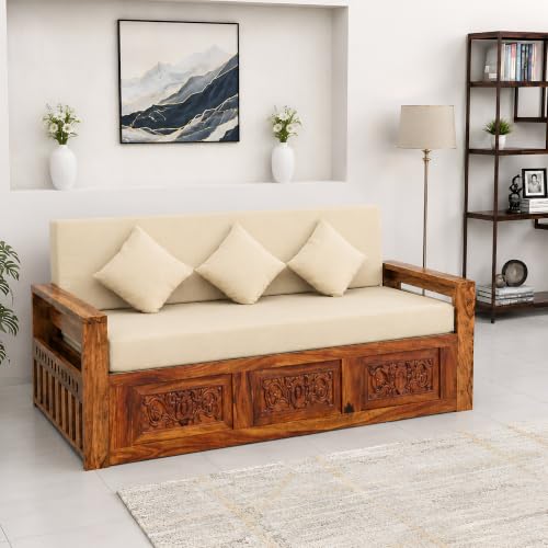 Image of SONA ART & CRAFTS Maharaja Sheesham Wood 3 Seater Sofa Cum Bed | Wooden 3 Seater Sofa for Living Room Wooden Furniture Sofa Bed for Home (Natural Finish)