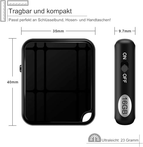 Mini Diktiergerät, Aufnahmegerät mit Stimmenaktivierung & Geräuschreduzierung, USB One-Touch-Aufnahme, MP3, 16GB Voice Recorder für Vorträge, Meetings