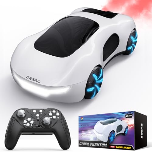 DEERC Sci-fi Remote Control Car, Toy RC Car W/Dual Fog Streams LED Lights Sound, 360° Spin 4WD 2.4GHz 2 Batteries for 40 Min Play Gift for Kids Boys White