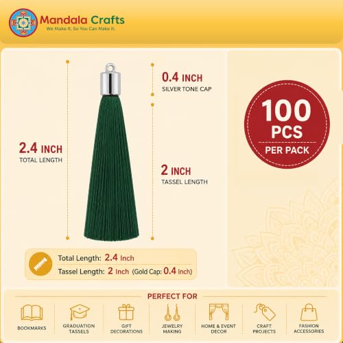 Image of Mandala Crafts Silver Tone Cap Forest Green Bookmark Tassels with Loops