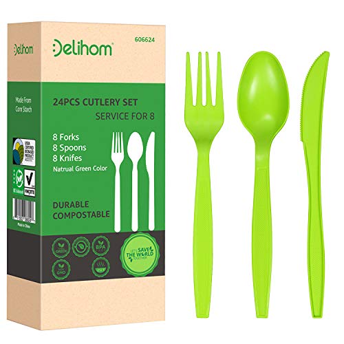 Compostable Forks Spoons Knives Cutlery Set 24 PC 100 Disposable Utensils Eco-friendly Tableware Set Potables for Camping Picnics and Trip