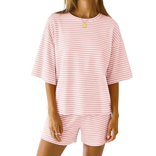 Image of RUEWEY Women Striped Pajama 3 /4 Sleeve Crew Neck Tops Shorts Lounge Set Pjs