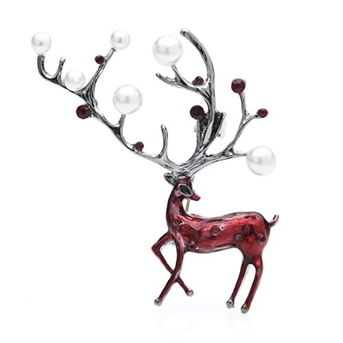 Broche cerf brun rouge haut de gamme avec perle pour femme
