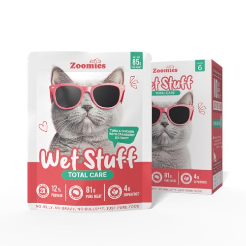 Image of Zoomies Wet Stuff Total Care Cat Wet Food, Tuna & Chicken with Cranberry Extract, 6 x 85g Pouches Pack of 6