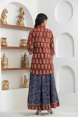 Image of KANNAHI Women Pure Cotton Blue and Rust Ethnic Motif Ajrakh Handblock Printed Kurta Set