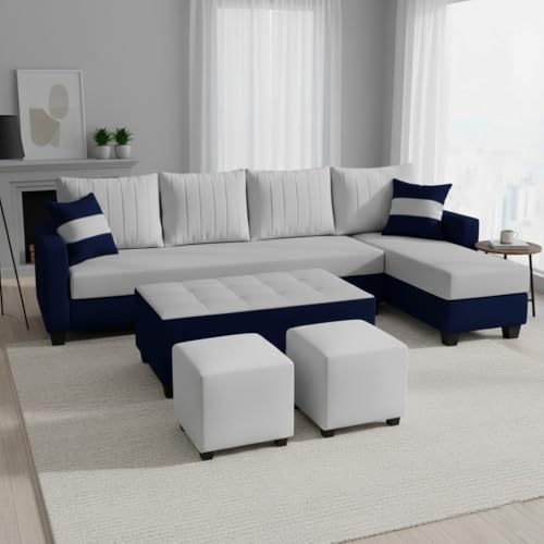 Image of FURNY Avenue 8 Seater Fabric RHS L Shape Sofa Set with 1 Centre Table & 2 Puffy (Light Grey-Dark Blue) Premium Velvet Finish