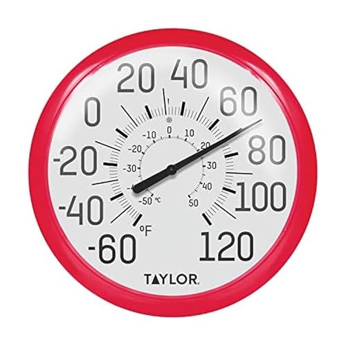 Image of Taylor Big and Bold Wall Dial Thermometer, Indoor Outdoor Thermometer, Wireless Thermometer with Easy to Read Numbers for Patio, Pool, Garage and Indoor Areas, 13.25-inch, Red