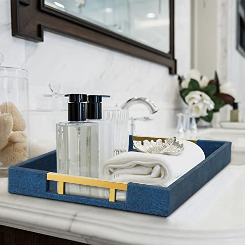 Serving Tray With Handles, 17.1”X11.8” Pu Leather Ottoman Tray, Rectangle Coffee Table Tray, Modern Elegant Decorative Tray For Breakfast Tea Food Drinks Jewelry Living Room Kitchen Vanity, Blue #TOP2