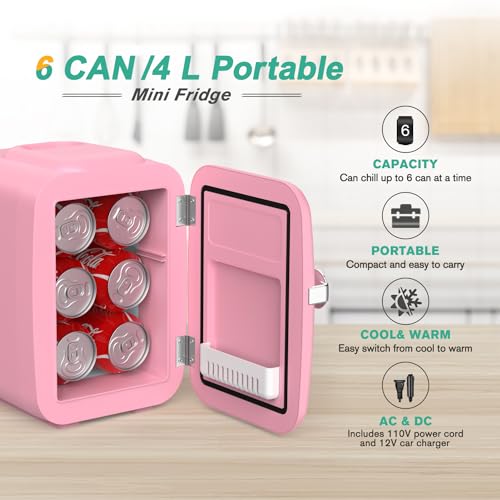 CROWNFUL Mini Fridge, 4 Liter/6 Can Portable Cooler and Warmer Personal Refrigerator for Skin Care, Cosmetics, Beverage, - Additional View
