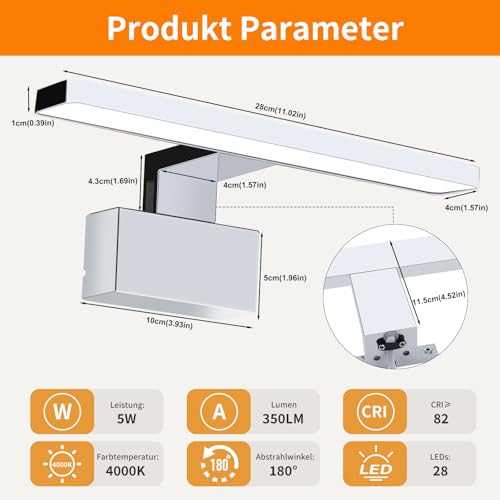 NBEASTKEY LED Spiegelleuchte 28cm Badezimmer, 5W 4000K Neutralweiß IP44 wasserdicht, Aluminium Spiegellampe für Badschrank & Schminkbereich, Einfacher Montage, 230V