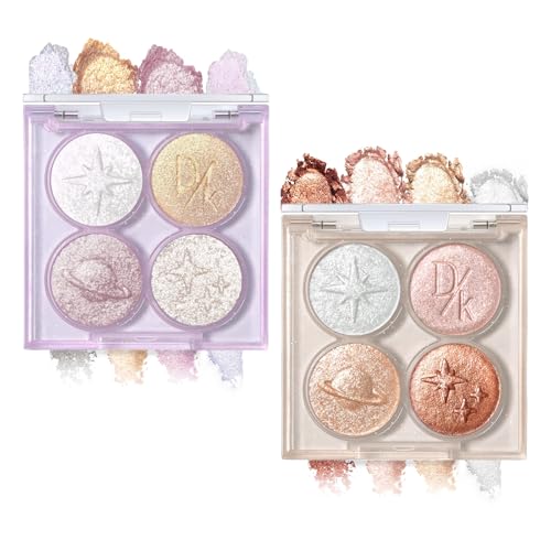 BelleFlair 2 piezas Paleta de sombra de ojos con brillo, sombra de ojos holográfica duocromática, sombras de ojos metálicas en crema, paleta de sombras con estampado de estrella planetaria, sombra