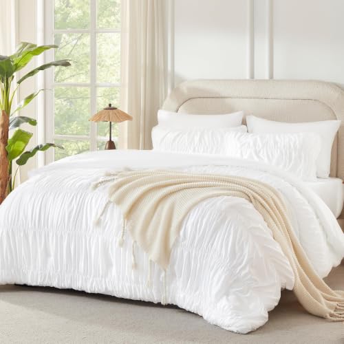 Image of Andency Ruched White California King Comforter Set, Boho Ruffle 3 Pieces