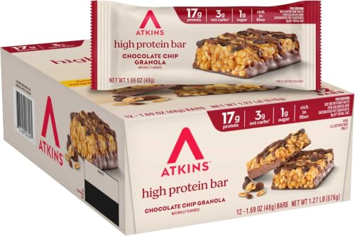 Atkins Chocolate Chip Granola High Protein Bar, 17g Protein, 12 Count (Pack of 12)