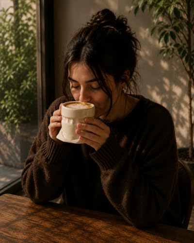 Image of Handmade White Ceramic Pouch Coffee Mug - Aesthetic Tea Cup for Coffee Milk Espresso, Cute Pottery Style Designer Mug for Women Girls Home Cafe Use