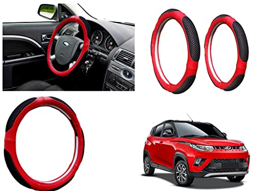 Image of Microfiber Car Steering Wheel Cover, Soft Padding Great Hand Feel, Anti-Slip, Faux Leather Steering Cover for Mahindra KUV 100 nxt | Black Red Jali - Pack of 1