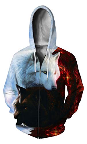 GLUDEAR Unisex Realistic 3D Digital Print Full Zip Hoodie Hooded Sweatshirt,White Black Flame Wolf,L XL