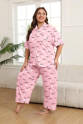 Image of Vozanet Women's Plus Size Pajamas Button Down Shirt and Pants Soft Lounge Sets Bride Nighty Bottom with Pockets 1x to 5x