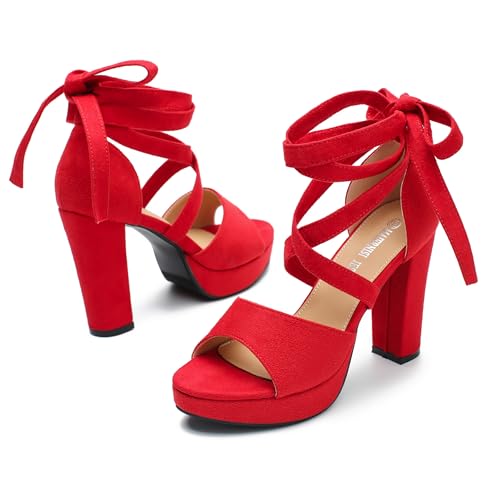 Women's Strappy Platform Sandals, Chunky High Heel with Lace-Up Ankle Tie, Open Toe, 3.94 Inch Red 39 - US 8 by MAIERNISI JESSI - Used condition - Image 8