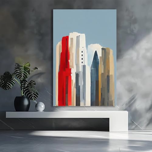 Affiche minimaliste bâtiment rouge pour une décoration de salon épurée