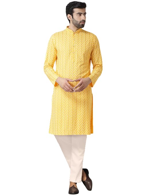 Kisah Men's Cotton Blend Long Sleeves Regular Fit Printed Yellow Kurta Trousers Set (S)