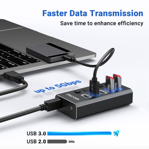 Powered Usb Hub [Durable Aluminum] Usb Hub 3.0 Powered, Individual Switch Buttons Smart Charging Usb Port Expander Fit For External Hard Drive Electronics Gaming Laptop Desktop Pc #TOP3