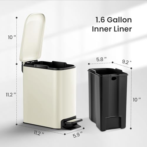 Cesun Small Bathroom Trash Can with Lid Soft Close, Step Pedal, 6 Liter / 1.6 Gallon Stainless Steel Garbage Can with Removable Inner Bucket, Anti-Fingerprint Finish (Creamy White) by Cesun - Image 6